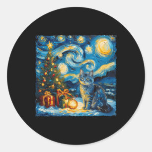 Sticker Rond Noël Russe Bleu Chat Art Van Gogh's The Star
