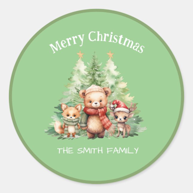 STICKER ROND NOËL RUSTIQUE LES ANIMAUX DE BOIS PERSONNALISENT (Devant)
