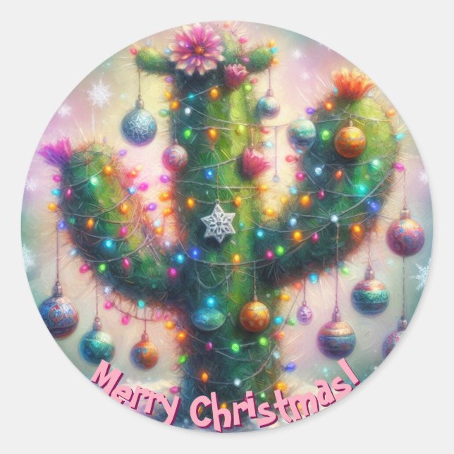 Sticker Rond Noël Saguaro Cactus Whimsical Snowflakes (Devant)