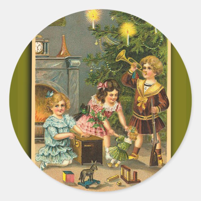 Sticker Rond Noël Salutations Art Victorien Cartes de Noël (Devant)