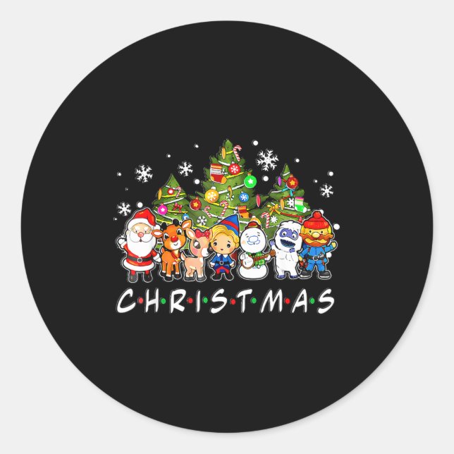 Sticker Rond Noël Santa Amis Rudolph Bonhomme de Neige Famille  (Devant)