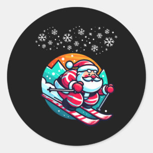 Sticker Rond Noël Santa Claus Skiing Slope Cabane de ski drôle
