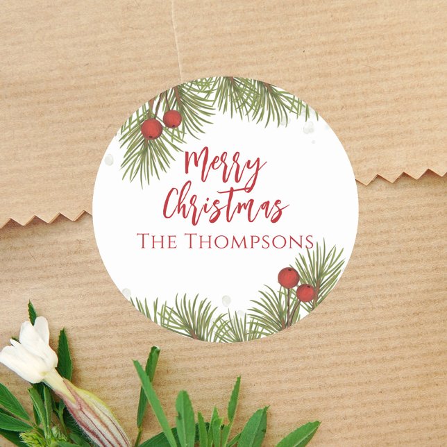 Sticker Rond Noël Simple Red Holly Berries Pine Feuilles (Elegant watercolor Merry Christmas holiday holly berries Sticker. )