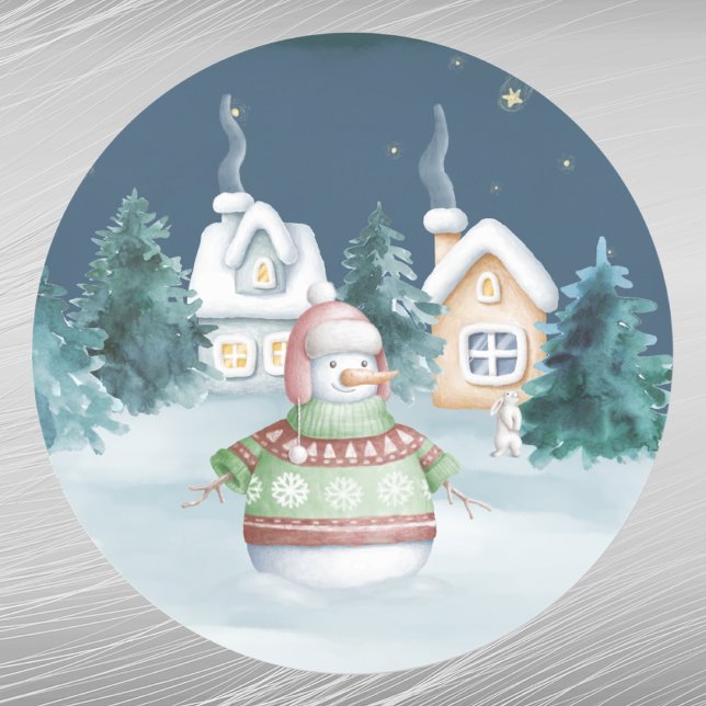 Sticker Rond Noël Snowman Maisons Lapin Arbres Aquarelle (Créateur téléchargé)