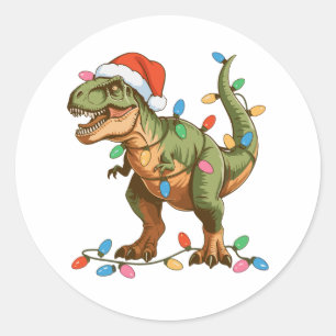Sticker Rond Noël T Rex Dinosaure Xmas Dino Tyrannosaure