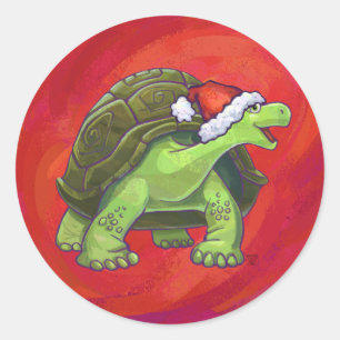 Sticker Rond Noël Tortue Sur Rouge
