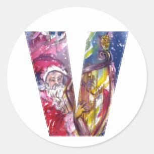 STICKER ROND NOËL V LETTRE / PÈRE NOËL JOUER AU HARP