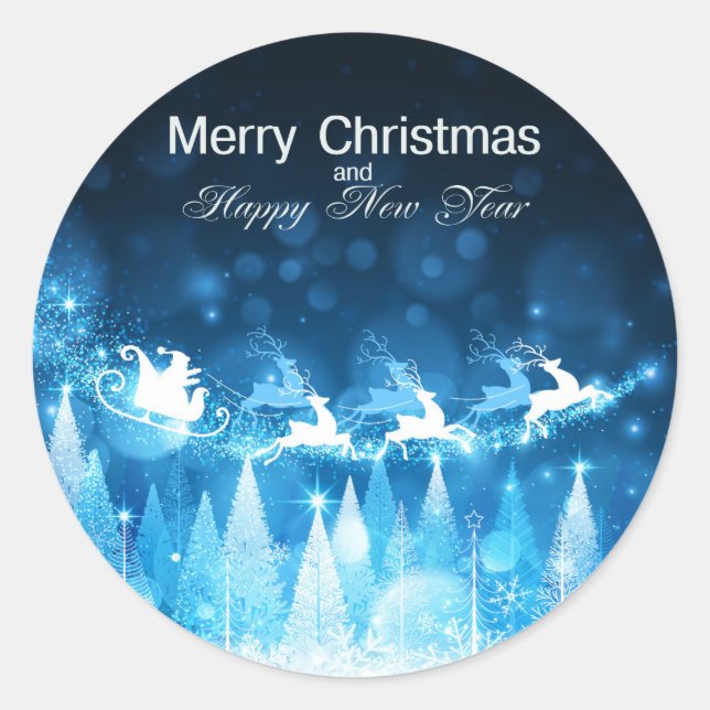 Sticker Rond Noël Vacances Bleues Père Noël et Sleigh (Devant)