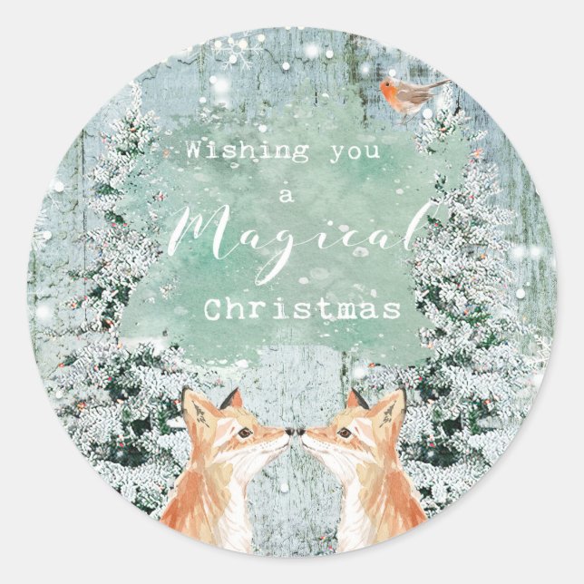 Sticker Rond noël vacances hiver neige renards bois (Devant)