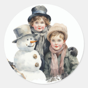 Sticker Rond Noël Vieux mode Enfants Snowman Aquarelle