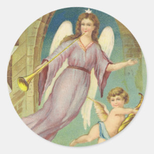 Sticker Rond Noël vintage, Ange victorien avec Cherub