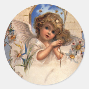 Sticker Rond Noël vintage, Ange victorien avec cloches d'or
