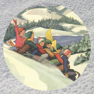 Sticker Rond Noël vintage, Enfants dormant sur la montagne