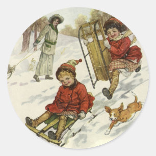 Sticker Rond Noël vintage, enfants victoriens faisant de la lug