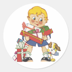 Sticker Rond Noël Vintage, Garçon avec Cadeaux et Chiot