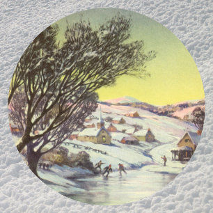Sticker Rond Noël vintage, lac gelé avec patineurs