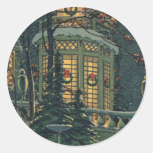 Sticker Rond Noël vintage, maison avec couronnes dans les fenêt