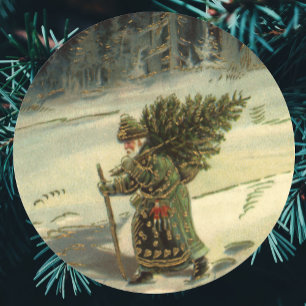 Sticker Rond Noël vintage, Père Noël portant un arbre
