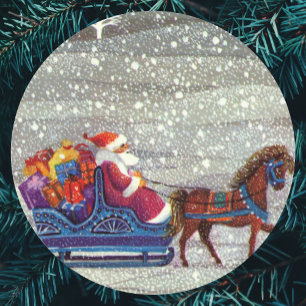 Sticker Rond Noël vintage, Père Noël traîneau ouvert à cheval