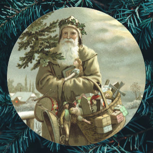 Sticker Rond Noël vintage, Père Noël victorien avec jouets