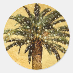 Sticker Rond Noël Vintage Tropical Palm Tree avec Snowflakes