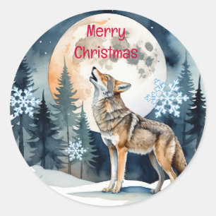 Sticker Rond Noël, Wolf d'hiver Forêt de neige Nature