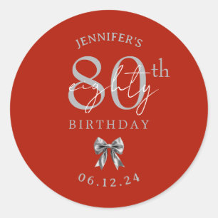 Sticker Rond Nœud Coquette Argent Fête 80e Anniversaire Rouge 