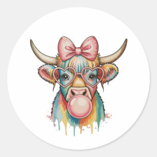 Sticker Rond Nœud Coquette Rose Vache Highland Bubble Gum