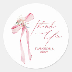 Sticker Rond Nœud Rose Pâle Fleurs Merci Baby Shower