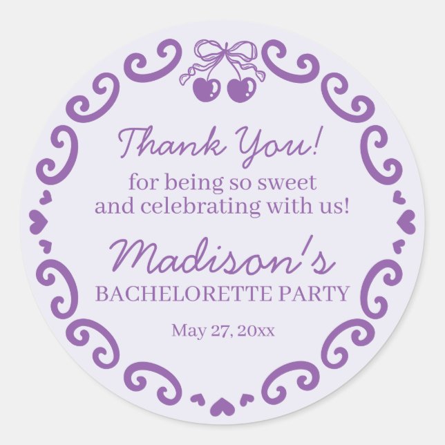 Sticker Rond Nœud Violet Rétro Cœur Coquette Gâteau Bachelorett (Devant)