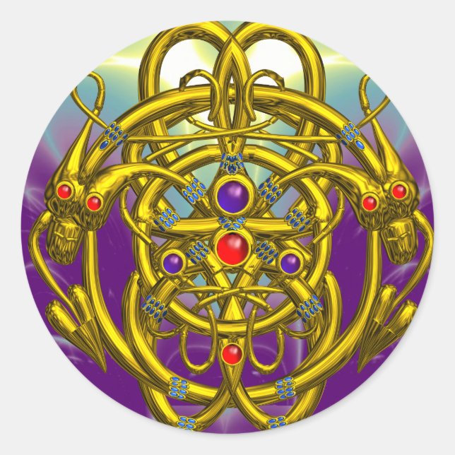 STICKER ROND NOEUDS CELTIQUES D'OR AVEC DRAGONS DOUCES (Devant)
