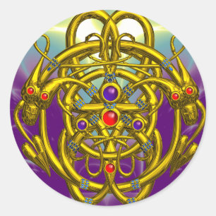 STICKER ROND NOEUDS CELTIQUES D'OR AVEC LES DRAGONS JUMEAUX