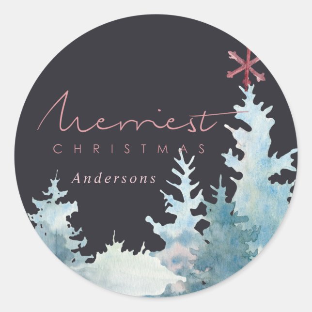 STICKER ROND NOIR AQUA ROSE NEIGE PINE ARBRE NOËL (Devant)