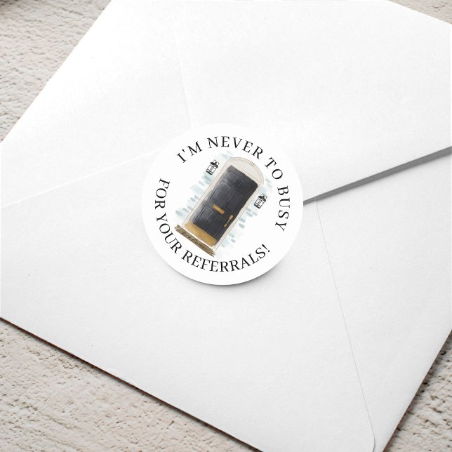 Sticker Rond Noir Aquarelle Porte avant Référentiel immobilier (Black Watercolor Front Door Real Estate Referral Classic Round Sticker)