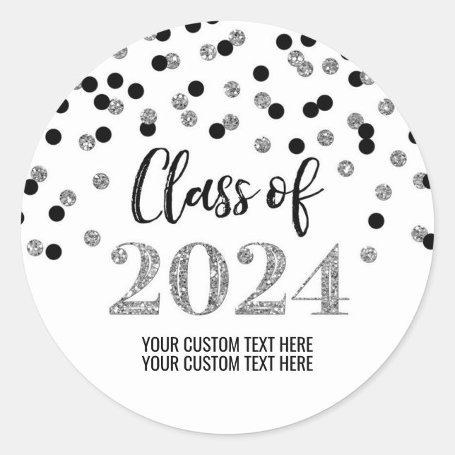 Sticker Rond Noir Argent Confetti Graduation 2024 (Devant)