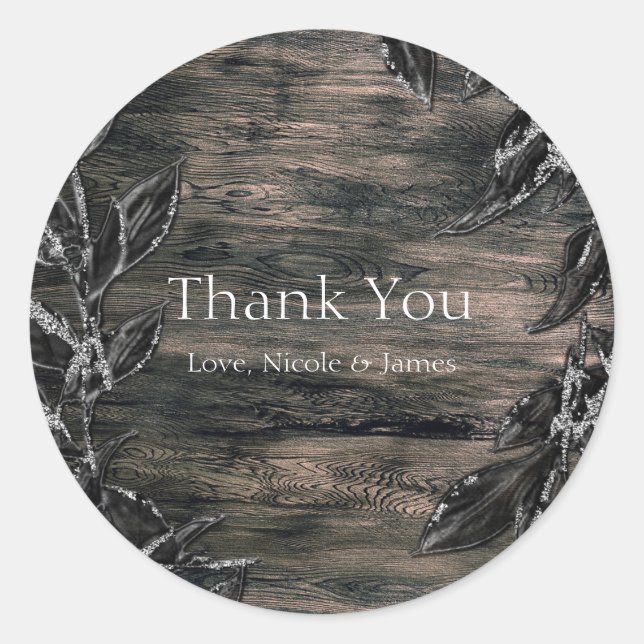 Sticker Rond Noir & Argent Feuille Dark Elegance Favoriser (Devant)