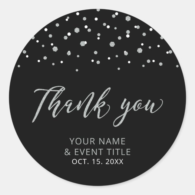 Sticker Rond Noir & Argent Moderne Anniversaire Favoriser Merci (Devant)