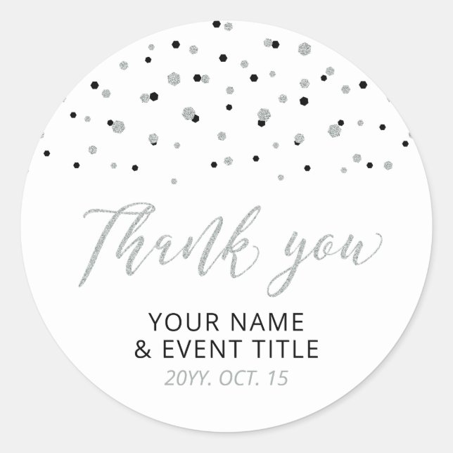 Sticker Rond Noir & Argent Moderne Anniversaire Favoriser Merci (Devant)