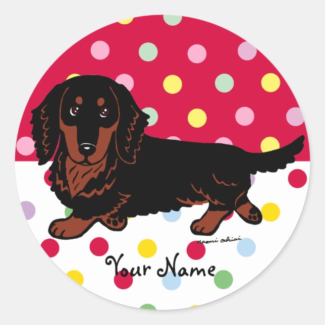 Sticker Rond Noir aux cheveux longs et Tan de teckel (Devant)