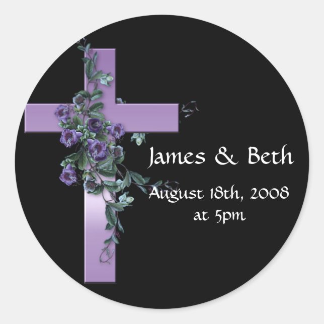 Sticker Rond Noir avec Croix violette avec Fleurs violettes (Devant)
