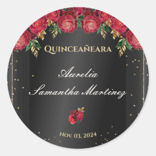 Sticker Rond Noir avec Roses Rouges Quinceañera Calcamonias