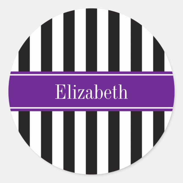 Sticker Rond Noir Blanc Bande Violet Nom du ruban Monogramme (Devant)