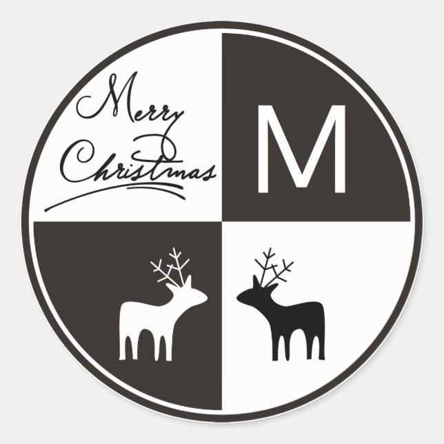 Sticker Rond Noir blanc cerf Joyeux monogramme de Noël moderne (Devant)