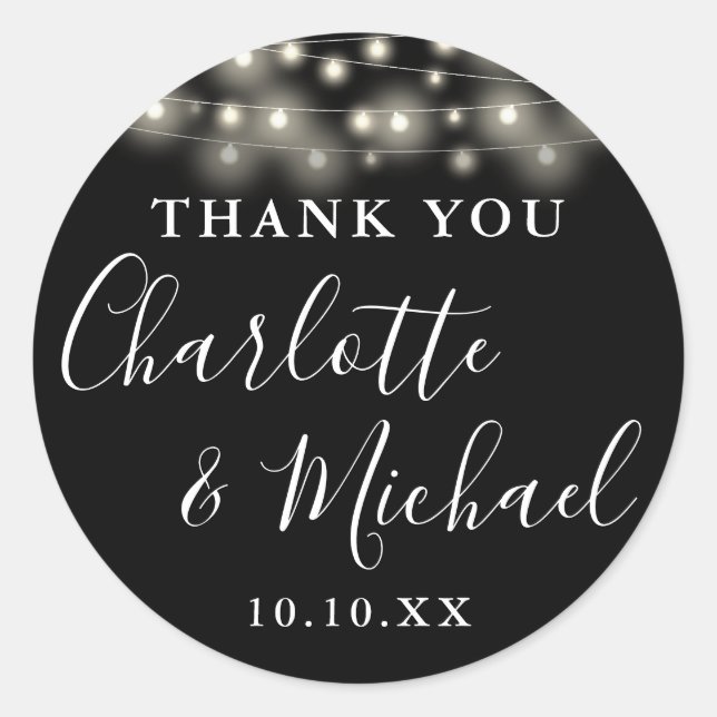 Sticker Rond Noir Blanc Chaîne Lights Mariage Faveur Merci (Devant)
