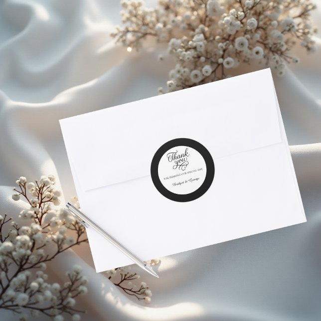 Sticker Rond noir & blanc élégant charmant script de remercieme (Créateur téléchargé)