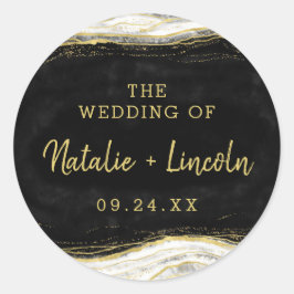 Sticker Rond Noir Blanc et or Géode Agate Monogramme Mariage
