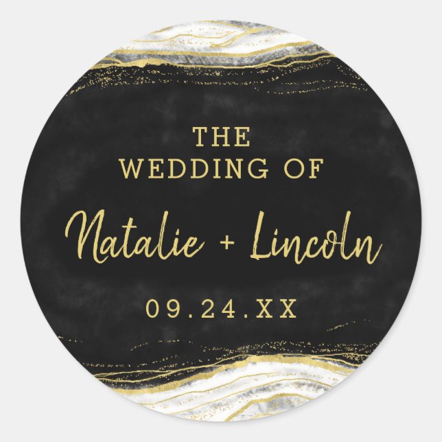 Sticker Rond Noir Blanc et or Géode Agate Monogramme Mariage (Devant)