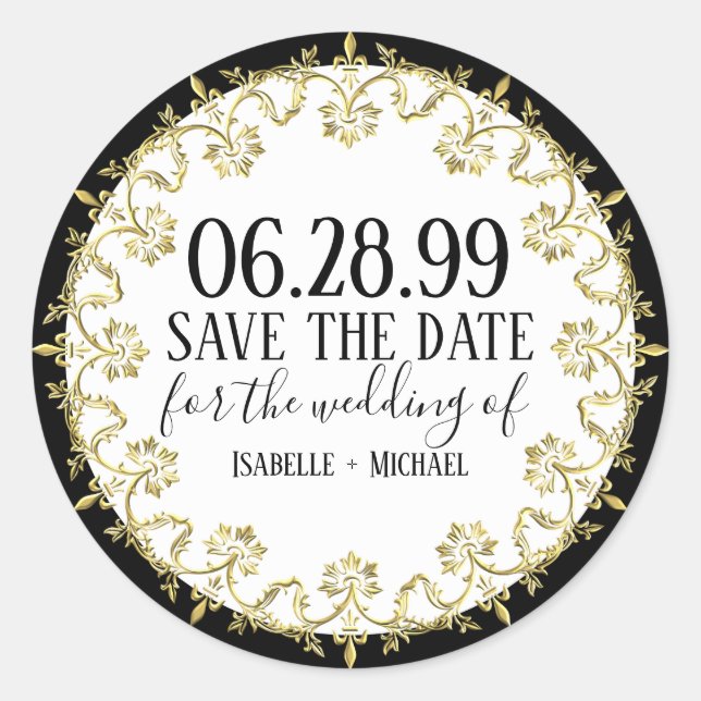 Sticker Rond Noir, blanc et orÉlégant Enregistrer la date (Devant)
