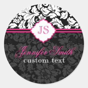 Sticker Rond Noir blanc et rose Vintage Damas florales 2