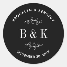 Sticker Rond Noir Blanc Floral Botanique Monogramme Nom du Coup